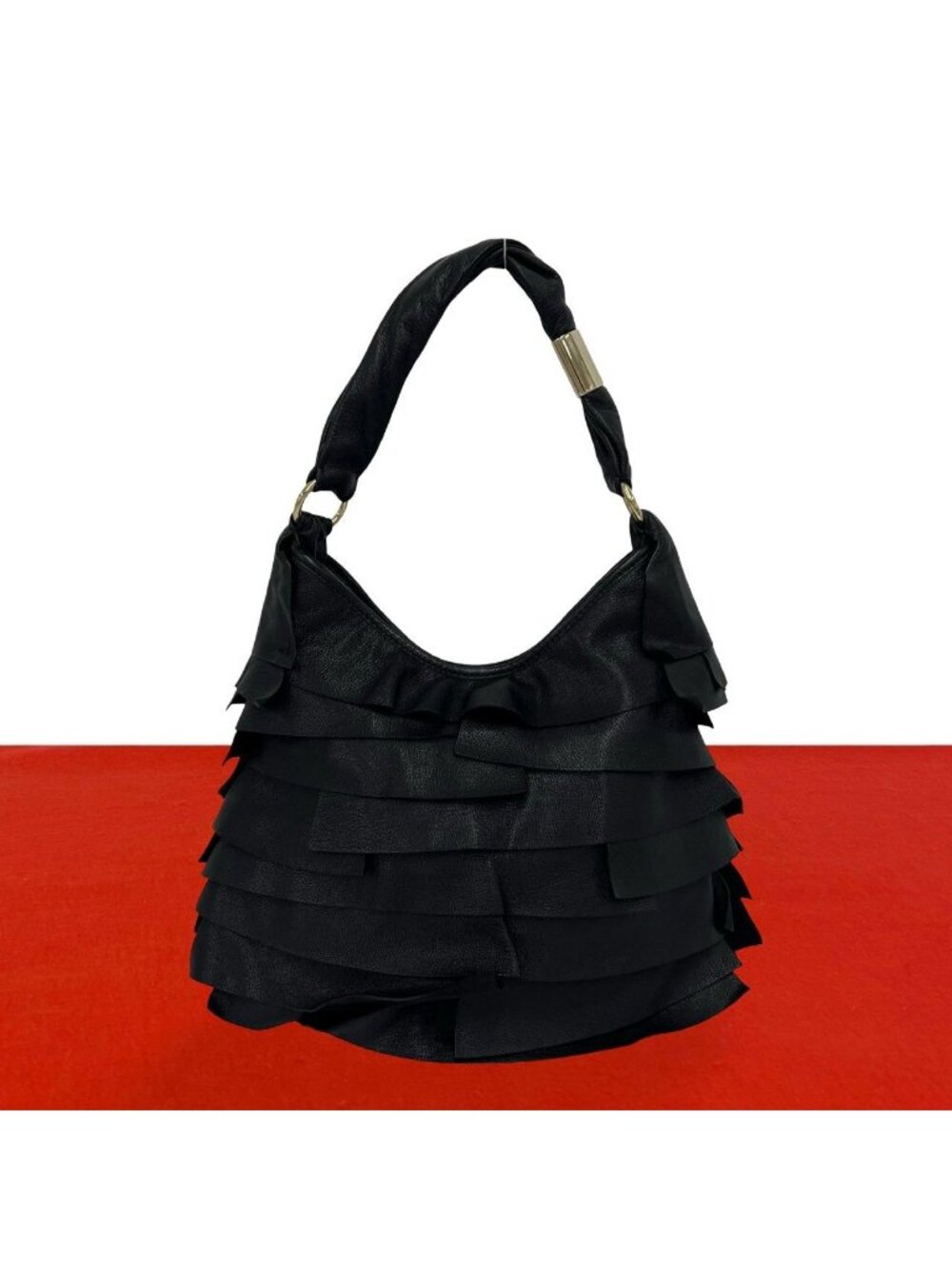 Saint Laurent Tropez Logo Ruffle Leather Semi Bag Black